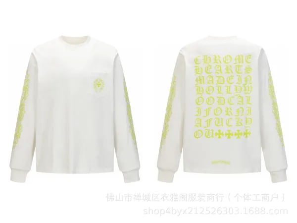 Chrome Hearts Long Sleeve Tee White with Neon Yellow Print T-Shirts - 1