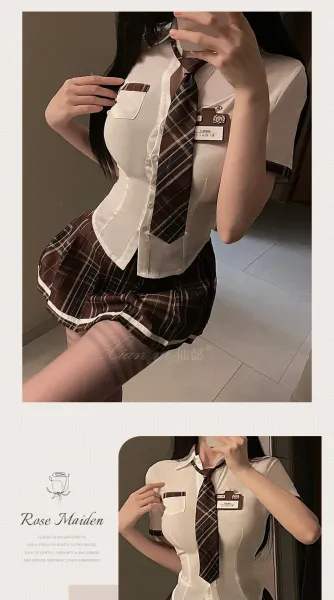 Design Campus Skirt Set White + Red Plaid Shirt, Tie, and Chest Badge - 14
