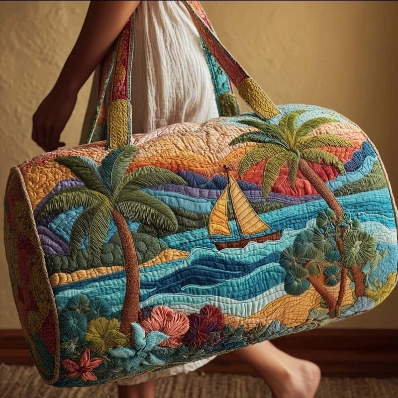 Hand-Embroidered Tropical Sunset Duffle Bag Multicolor Travel