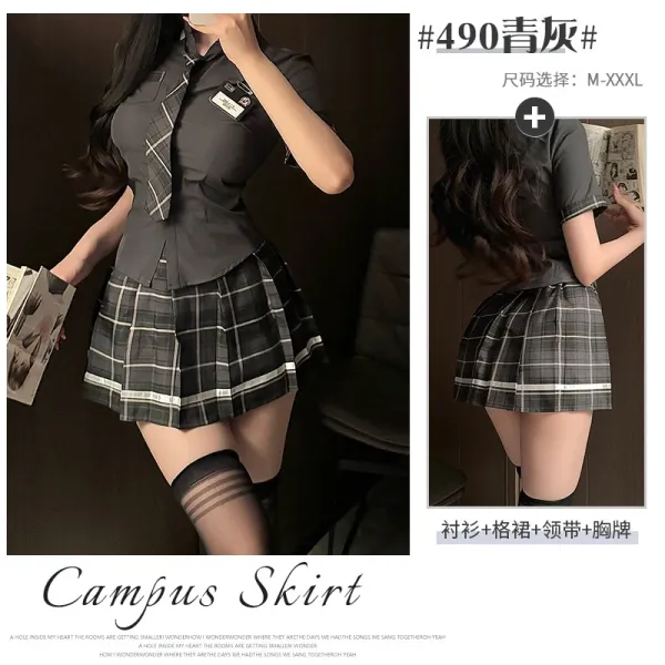 Design Campus Skirt Set Gray Plaid Shirt + Pleated Skirt + Tie + Chest Patch Sets - 1