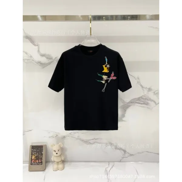 Design Embroidered Tool Motif Black T-Shirt - 1