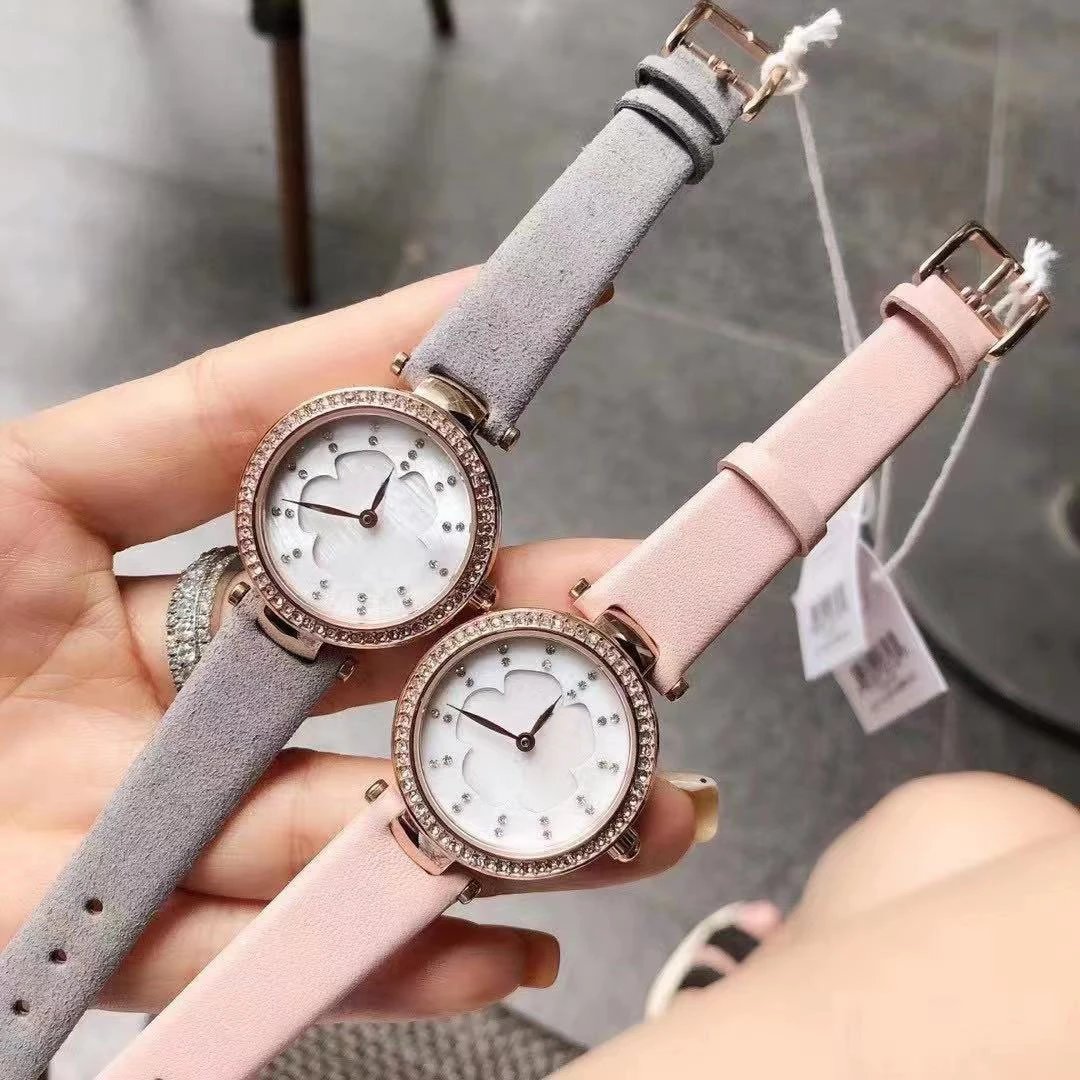 Design Floral Dial Crystal-Embellished Rose Gold Watch Gray Strap Watches - 3
