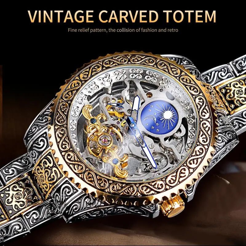 Design Forsining Skeleton Moon Phase Mechanical Watch Gold Silver Blue Watches - 10