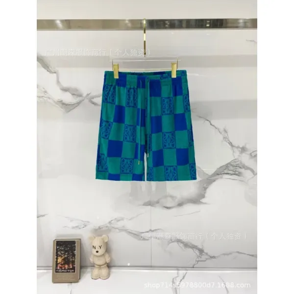 Design Checkerboard Print Drawstring Shorts Blue Green - 1