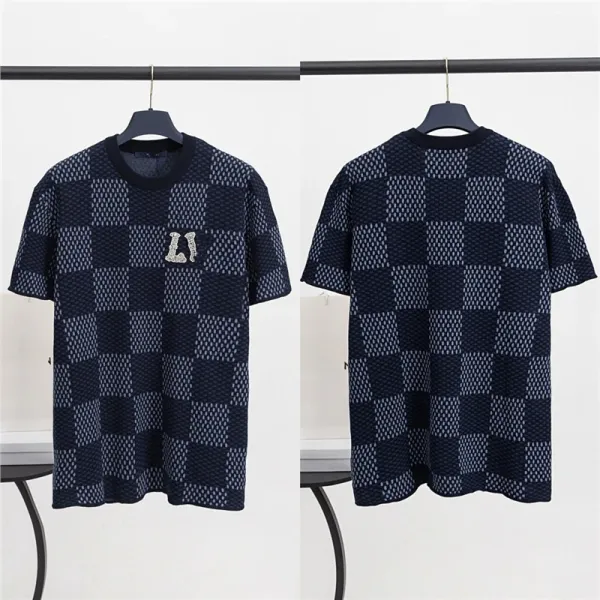 Design Checkerboard Knit T-Shirt Navy Tops.t Shirts - 1