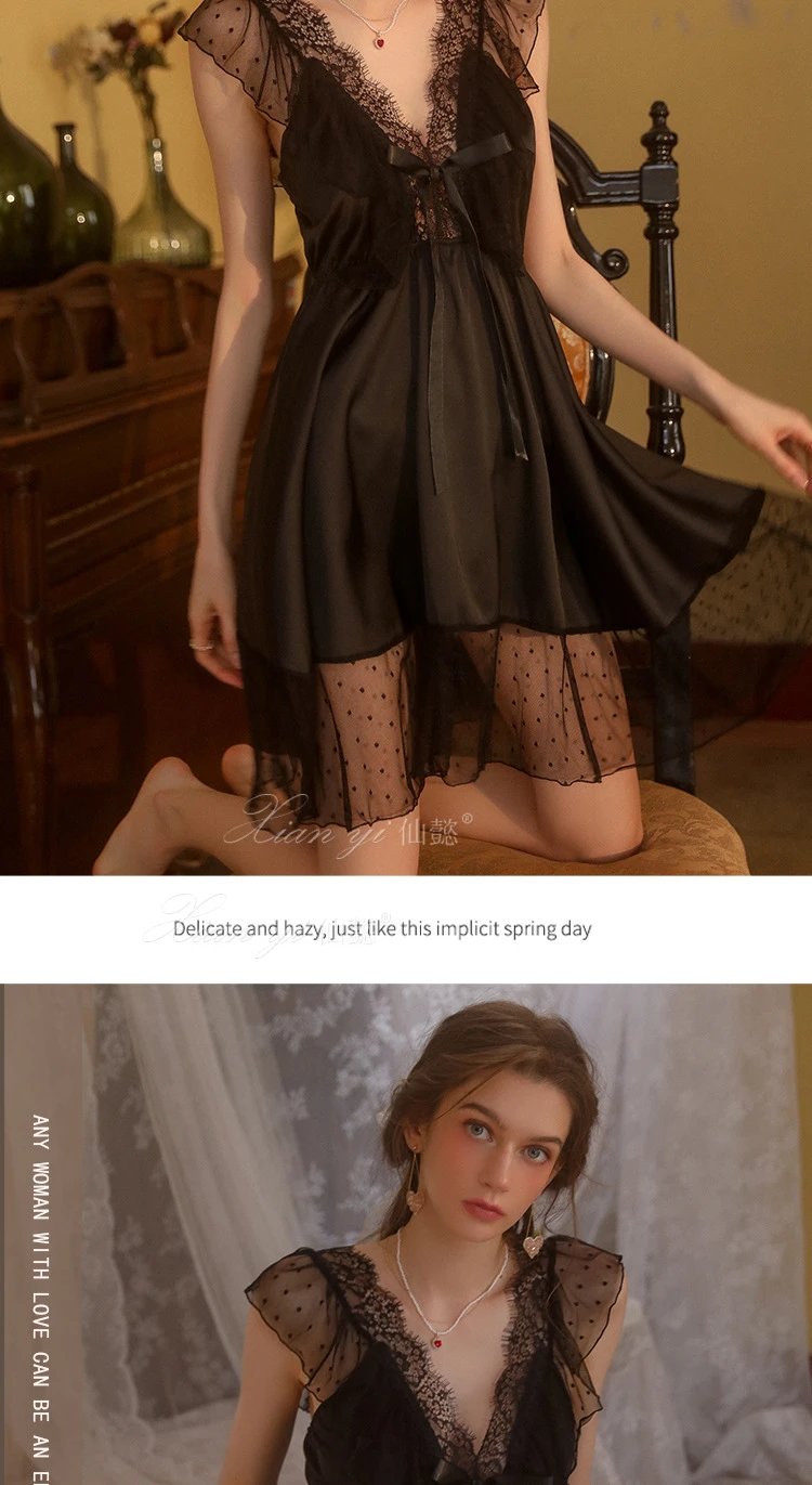Design Lace-Trimmed Satin Sleepwear Set Black - 19
