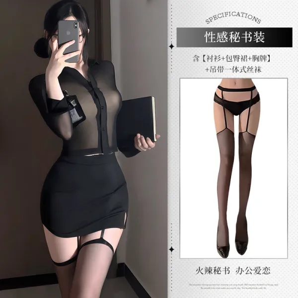 Design Secretarial Set Black Sheer Shirt + Skirt + Garter Belt + Thigh-High Stockings Underwear - 1