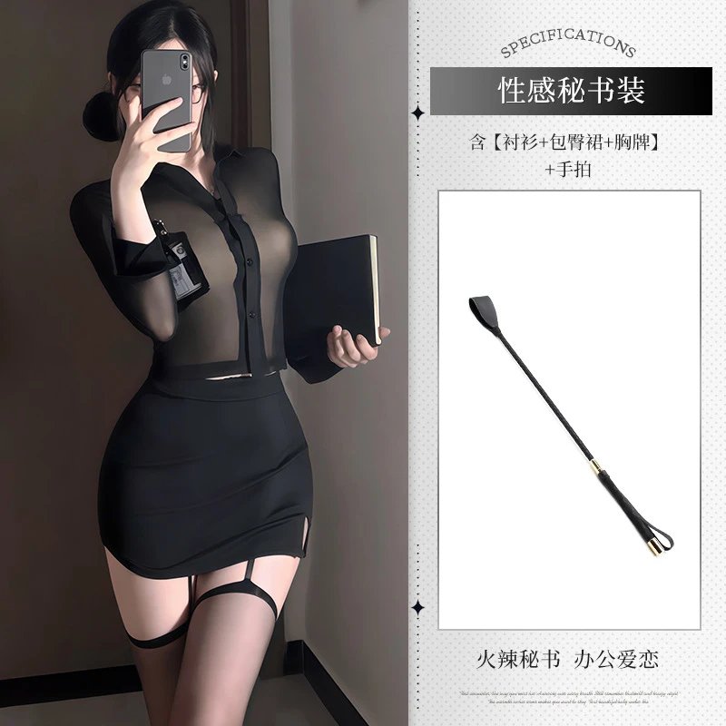 Design Secretary Costume Set Black Sheer Shirt + Mini Skirt + Garter Belt + Handcuffs Dress