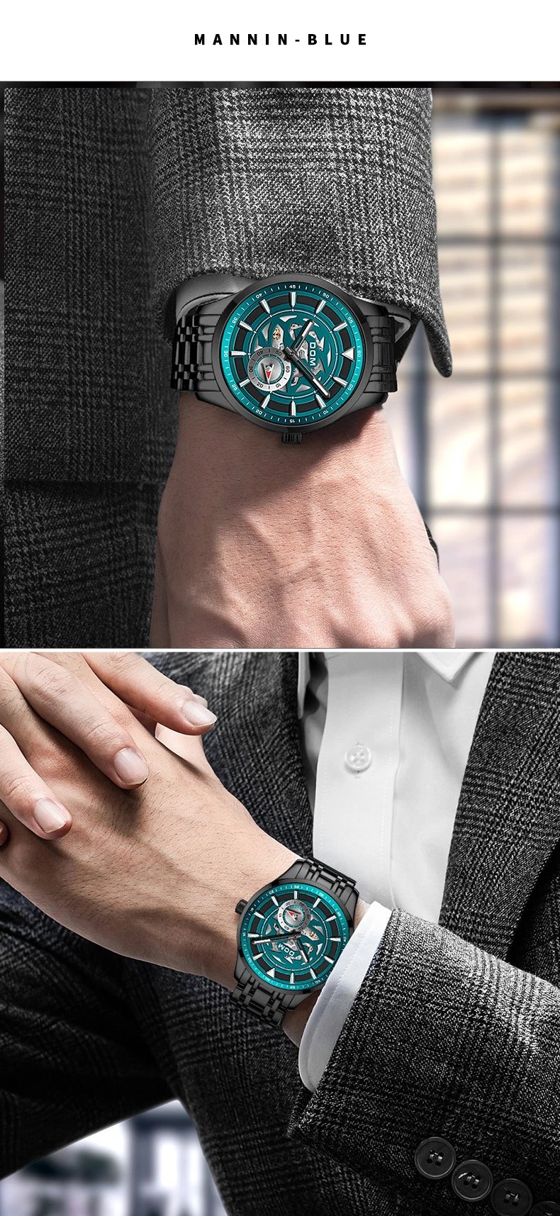 Design DOM Skeleton Watch Teal Leather Strap Mechanical Watch Watches - 16
