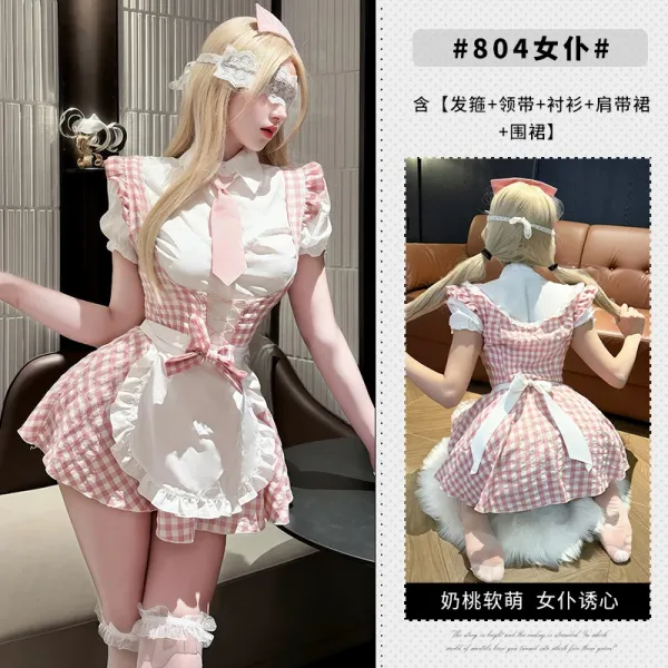 Design #804 Maid Outfit Pink Gingham Dress with Apron and Headband - 1