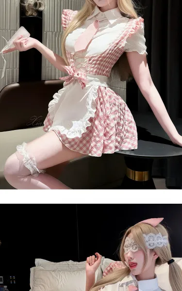 Design #804 Maid Outfit Pink Gingham Dress with Apron and Headband - 12