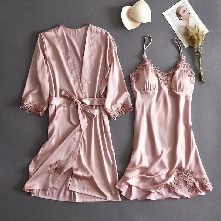 Design Silk Lace Trim Robe and Slip Set Dusty Pink Sleepwear