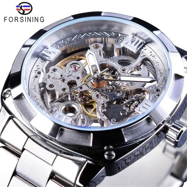 Design FORSINING Skeleton Mechanical Watch Black Steel Watches - 11
