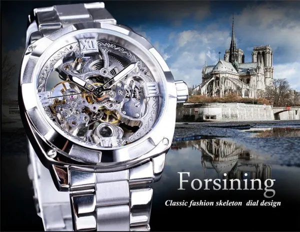 Design FORSINING Skeleton Mechanical Watch Black Steel Watches - 13