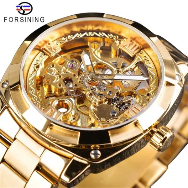Design FORSINING Skeleton Mechanical Watch Black Steel Watches - 3