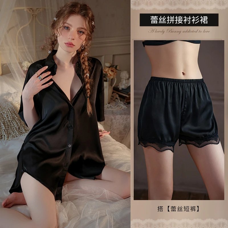 Lace-Trimmed Satin Shirt Dress and Shorts Set Black Sleepwear