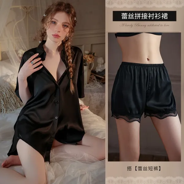 Design Lace-Trimmed Satin Shirt Dress and Shorts Set Black Sleepwear - 1