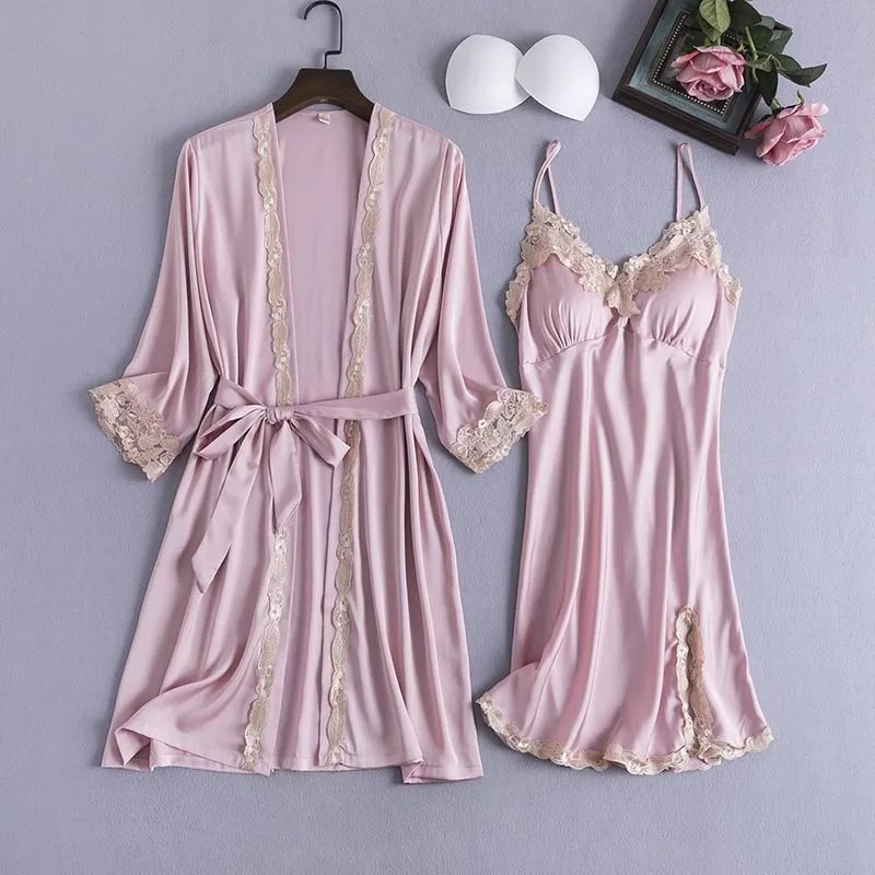 Design Lace-Trimmed Satin Sleepwear Set Pink