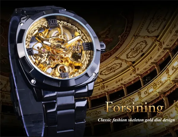 Design FORSINING Skeleton Mechanical Watch Black Steel Watches - 21