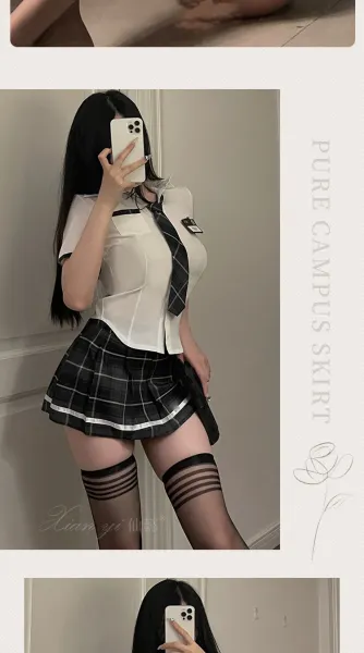 Design Campus Skirt Set White + Red Plaid Shirt, Tie, and Chest Badge - 16
