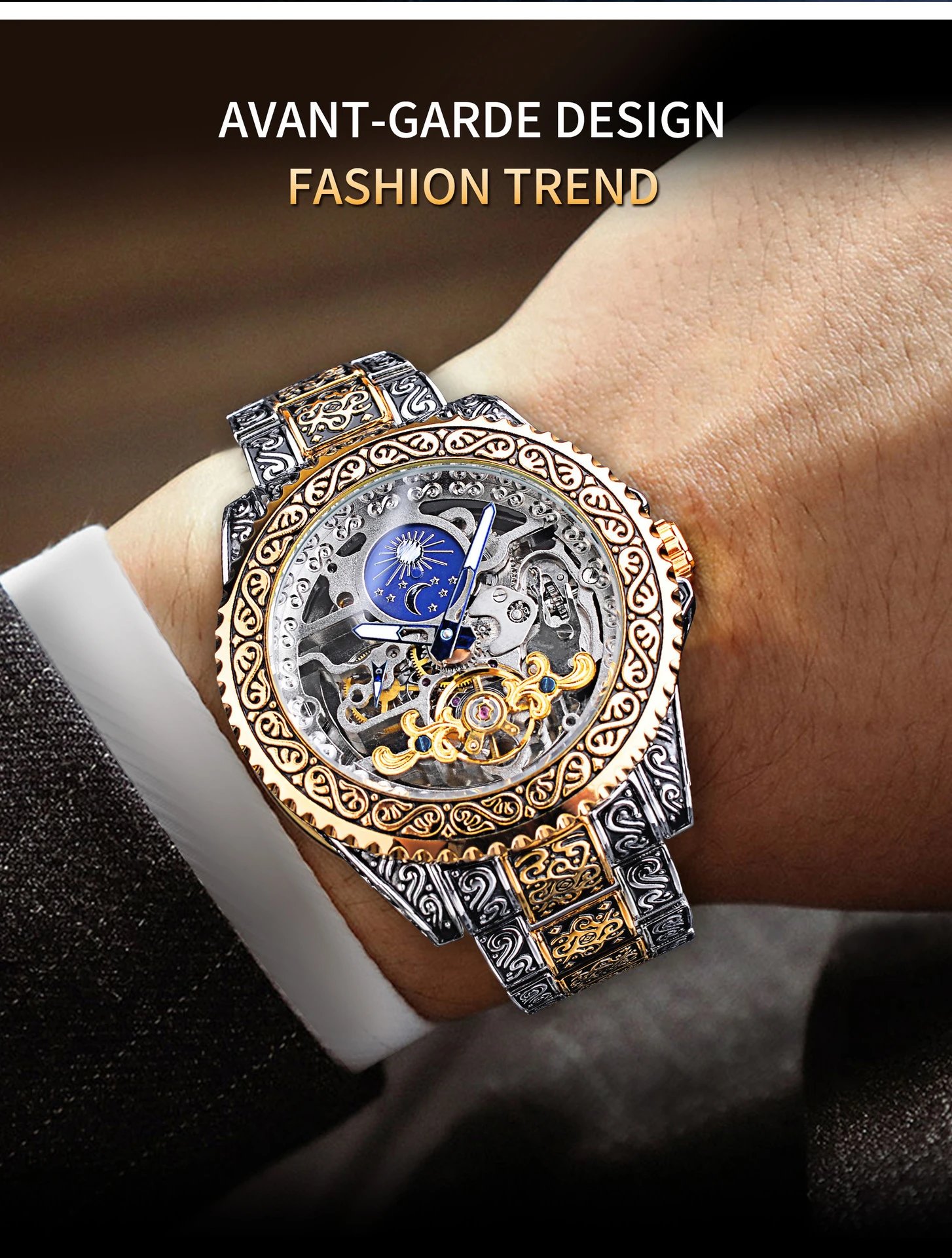Design Forsining Skeleton Moon Phase Mechanical Watch Gold Silver Blue Watches - 6