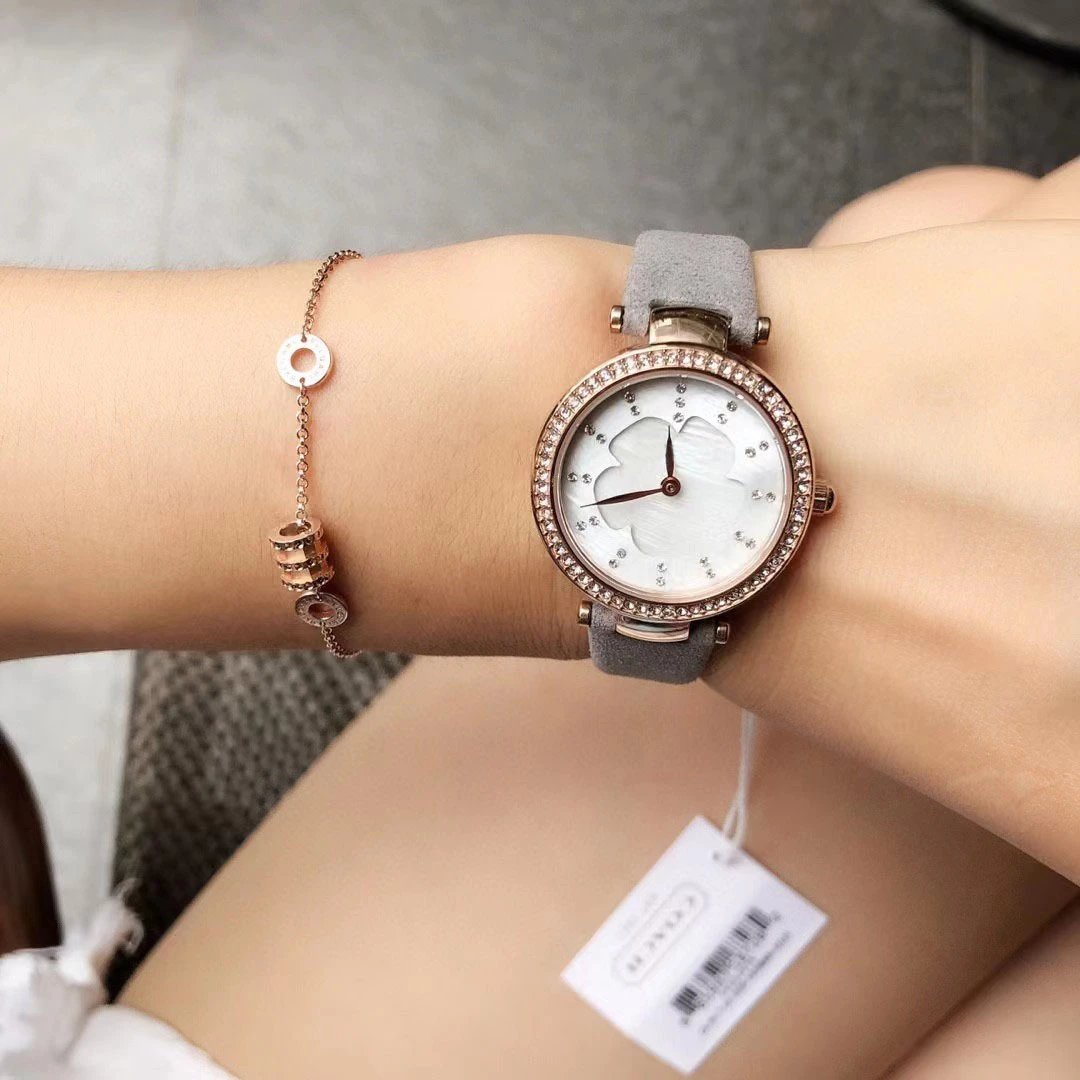 Design Floral Dial Crystal-Embellished Rose Gold Watch Gray Strap Watches - 6