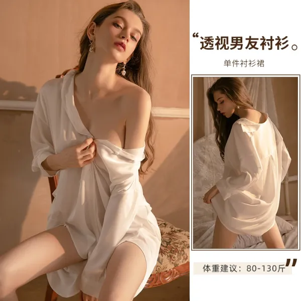 Design Oversized Sheer Shirt Dress White Sleepwear - 1