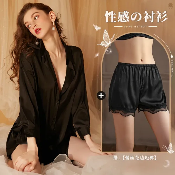 Design Silk Sling Vest Suit in Black with Lace-Trimmed Shorts Sleepwear - 1
