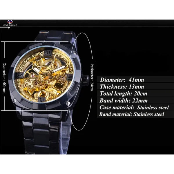 Design FORSINING Skeleton Mechanical Watch Black Steel Watches - 27