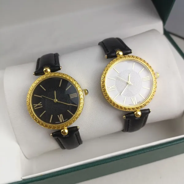 Versace Greca Pattern Gold-Plated Quartz Watch with Black Leather Strap Watches - 2