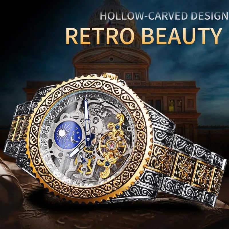 Design Forsining Skeleton Moon Phase Mechanical Watch Gold Silver Blue Watches - 3