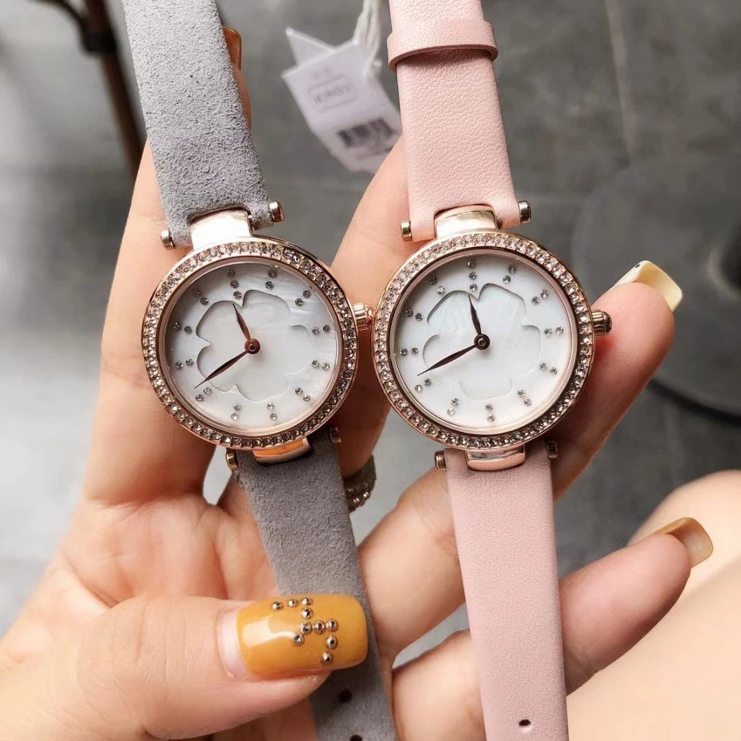 Design Floral Dial Crystal-Embellished Rose Gold Watch Gray Strap Watches - 2