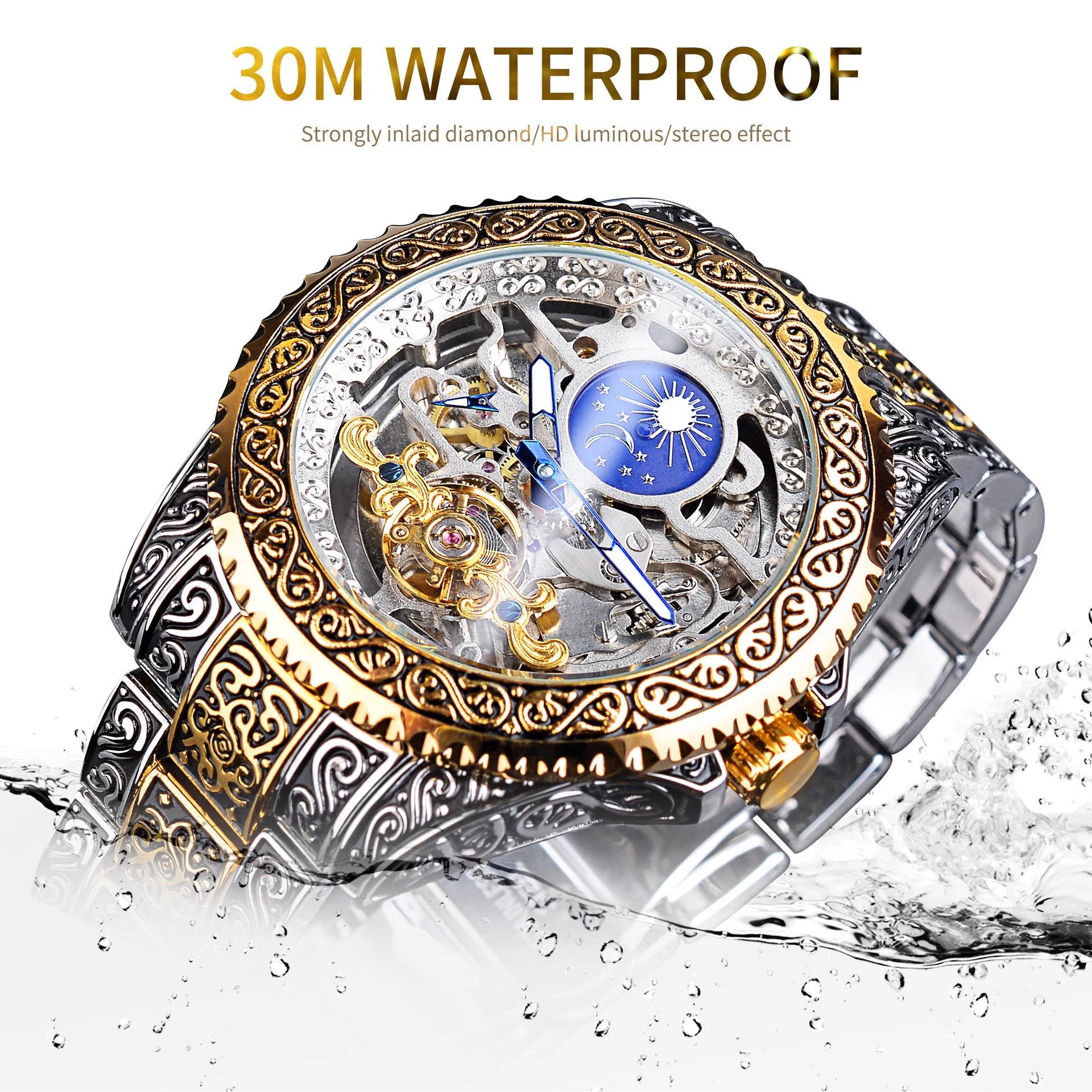 Design Forsining Skeleton Moon Phase Mechanical Watch Gold Silver Blue Watches - 11