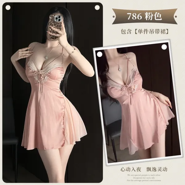 Design Pink Lace-Trimmed Satin Slip Dress Sleepwear - 1