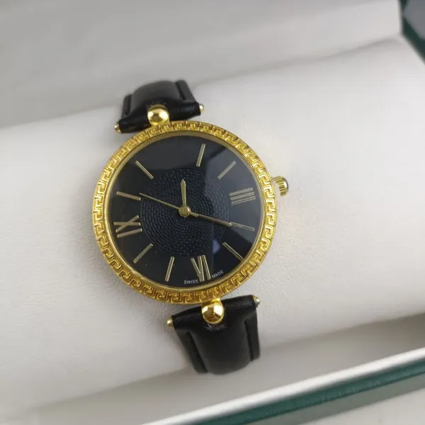 Versace Greca Pattern Gold-Plated Quartz Watch with Black Leather Strap Watches - 7
