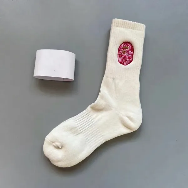 A Bathing Ape Bapesta Sock Cream with Pink Ape Head Embroidery Socks - 1