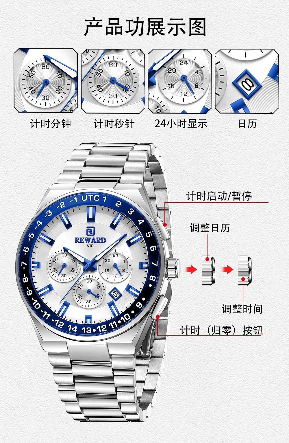 Design Reward VIP Chronograph Gold Blue Watch Watches - 5