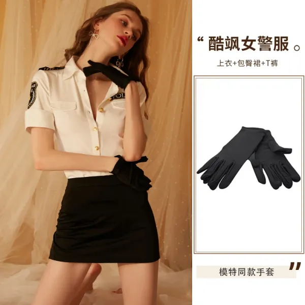 Design Police Uniform Style Shirt + Skirt + Gloves Set Black / White - 1