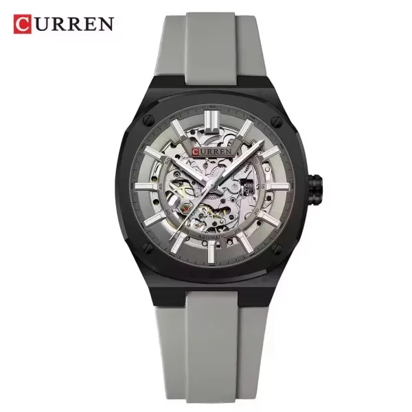 Design Curren Skeleton Automatic Watch Gray Silicone Strap Mechanical Watch Watches - 1