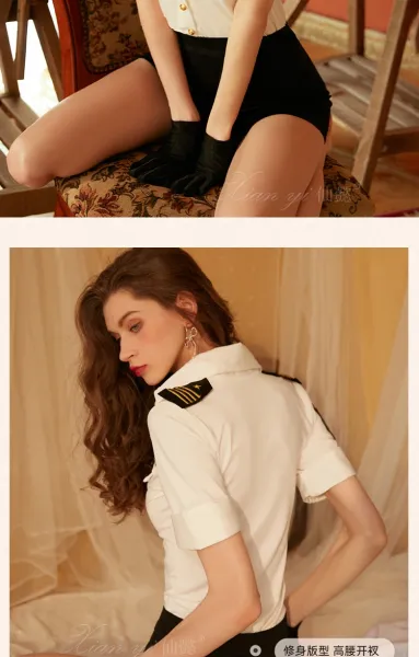 Design Police Uniform Style Shirt and Mini Skirt Set with Sheer Open-Crotch Thigh-High Stockings - 7
