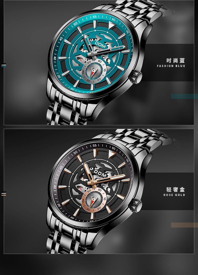 Design DOM Skeleton Watch Teal Leather Strap Mechanical Watch Watches - 10