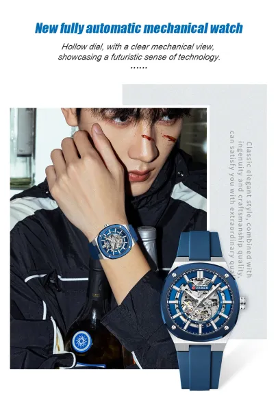 Design Curren Skeleton Automatic Watch Black Gold Watches - 9