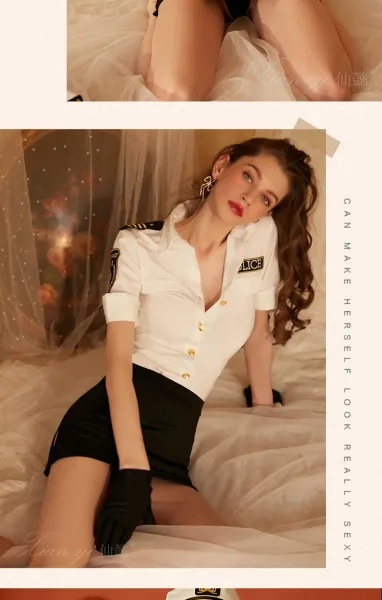 Design Police Uniform Style Shirt and Mini Skirt Set with Sheer Open-Crotch Thigh-High Stockings - 14