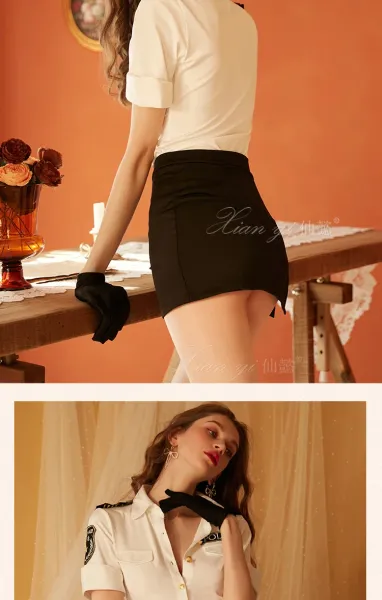 Design Police Uniform Style Shirt and Mini Skirt Set with Sheer Open-Crotch Thigh-High Stockings - 16
