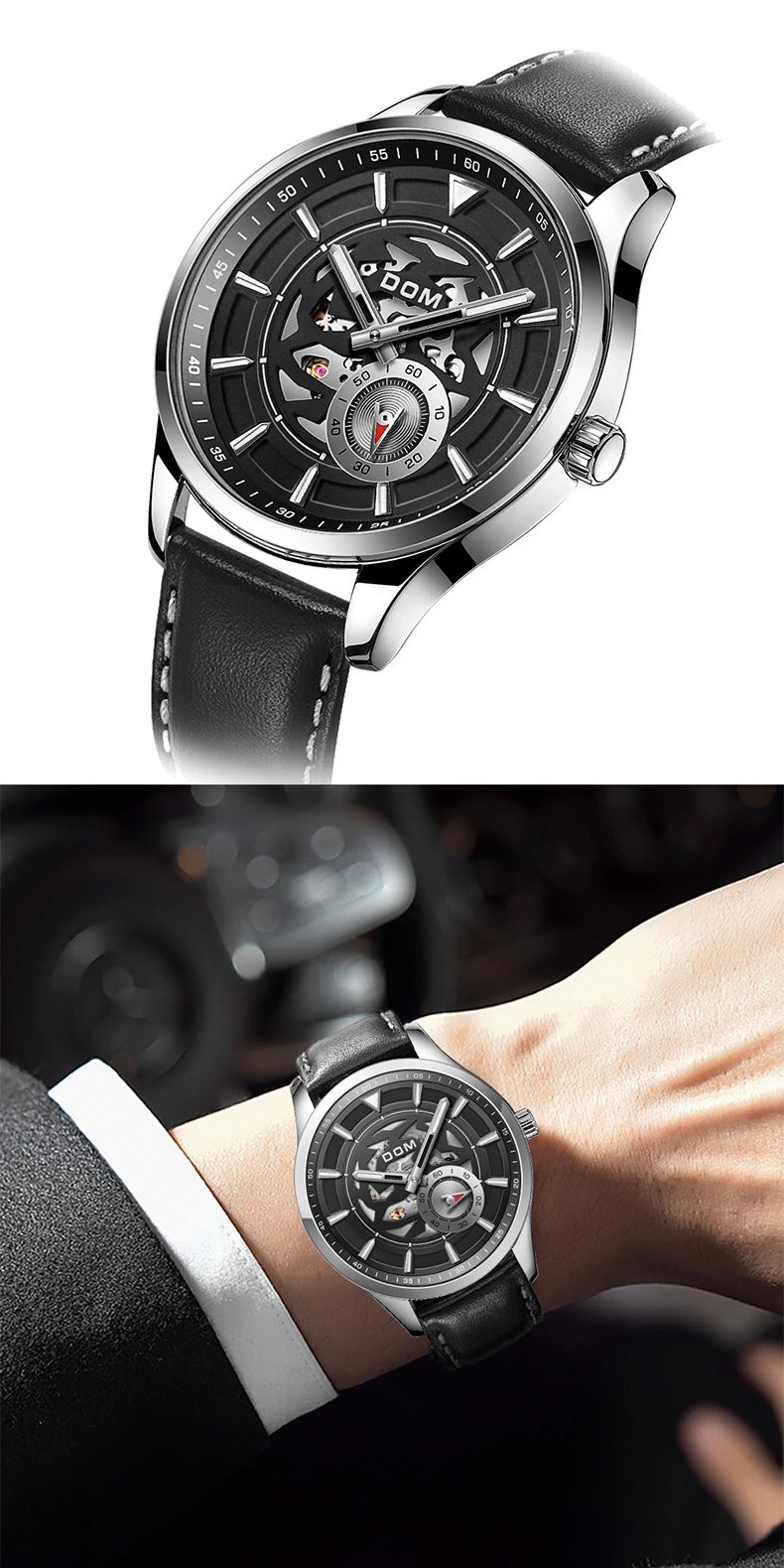 Design DOM Skeleton Watch Teal Leather Strap Mechanical Watch Watches - 20