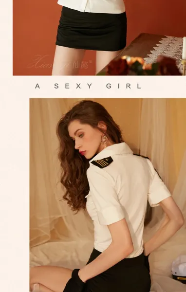 Design Police Uniform Style Shirt and Mini Skirt Set with Sheer Open-Crotch Thigh-High Stockings - 18