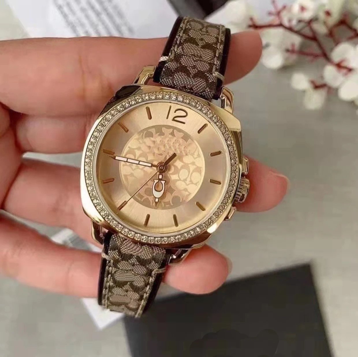Coach Madison Gold-Tone Crystal-Embellished Watch with Signature Print Strap Watches - 2