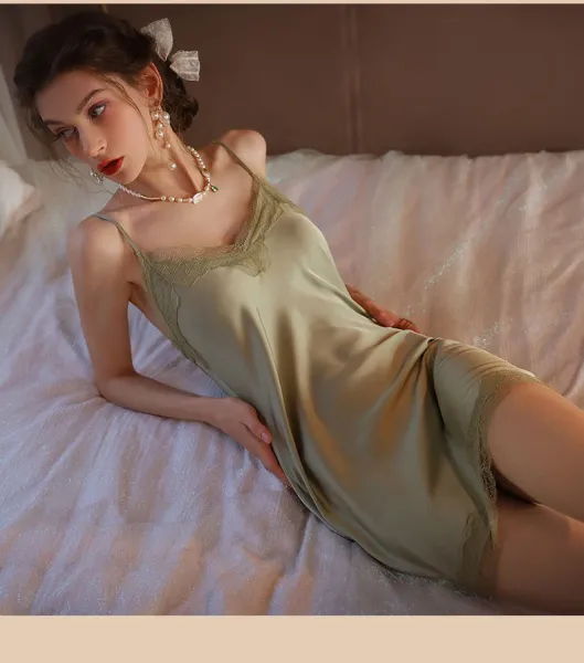 Design 2287D Lace Trim Satin Slip Dress with Removable Pad Sleepwear - 47