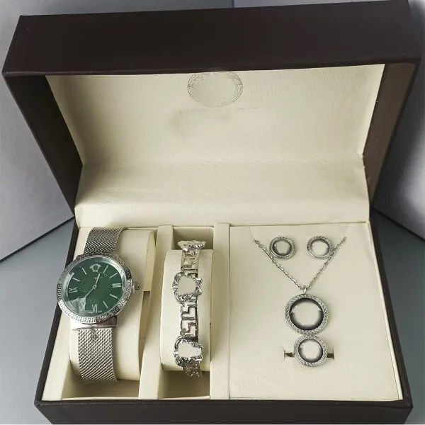 Versace Green Dial Mesh Watch and Greek Key Jewelry Set - 1