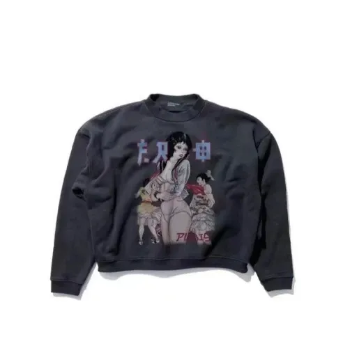 Design Manga Print Cropped Sweatshirt Black Hoodie - 1